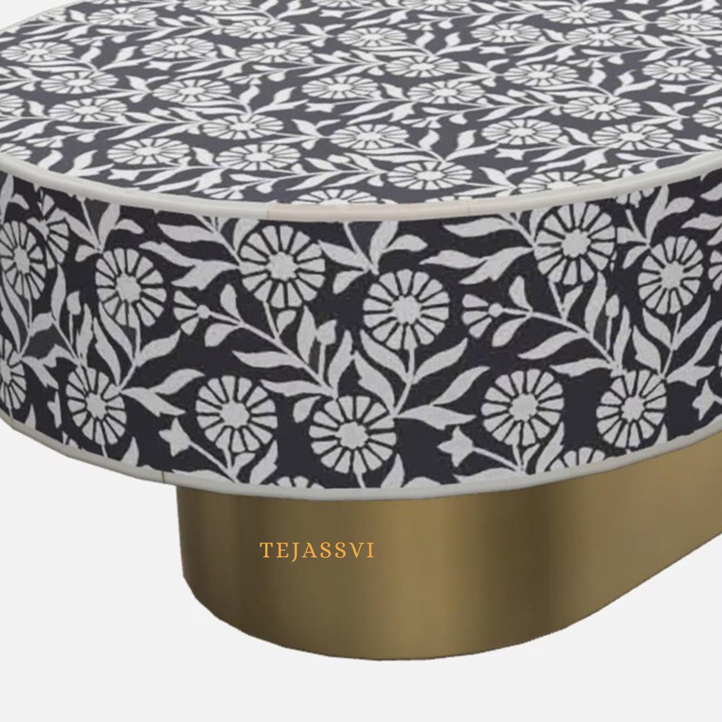 Bone Inlay Oval Coffee Table / Centre Table, MOP Inlay Floral Oval Coffee Table Handmade MOP Inlay Modern Pattern Furniture