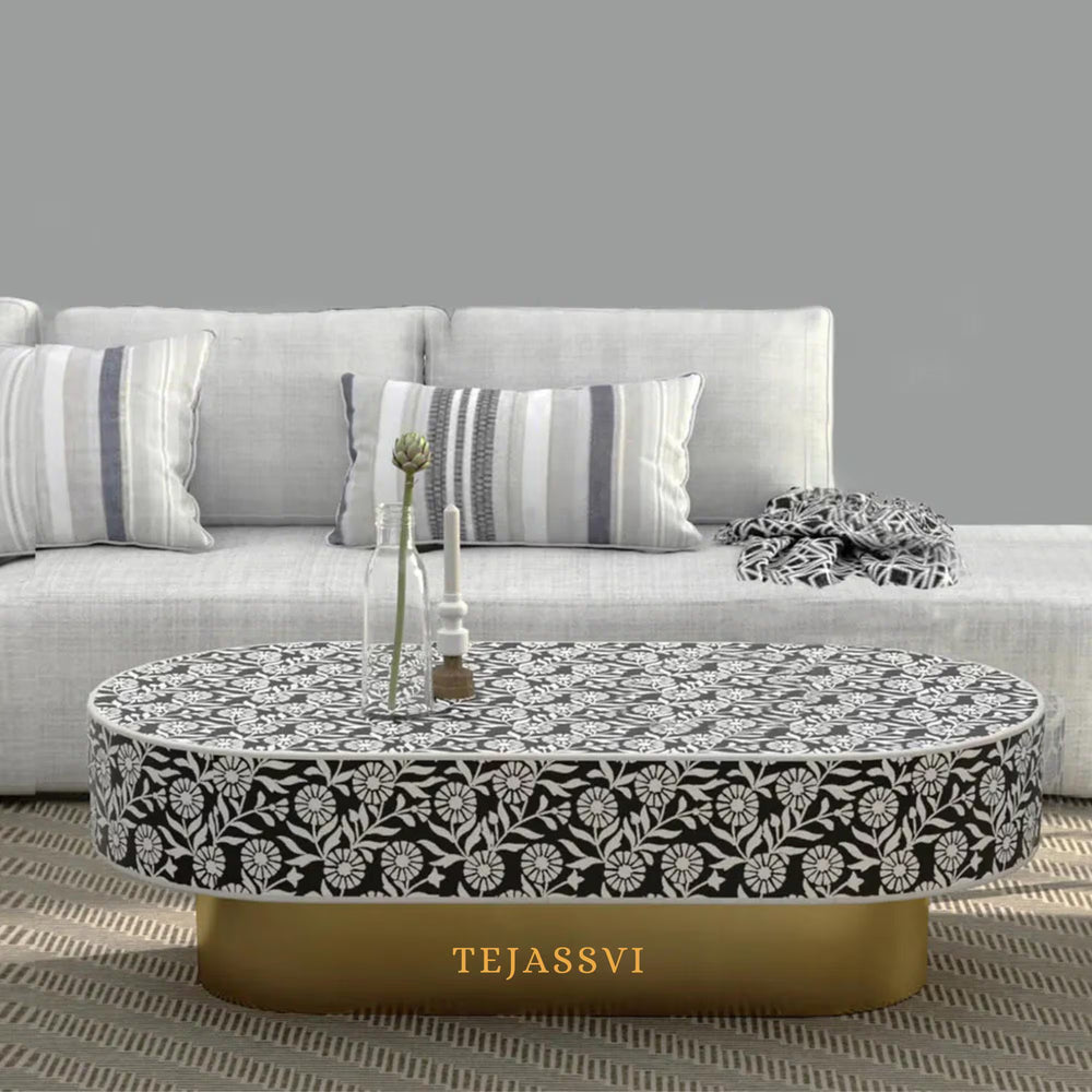 Bone Inlay Oval Coffee Table / Centre Table / MOP Inlay Floral Oval Coffee Table / Handmade MOP Inlay Modern Pattern Furniture.