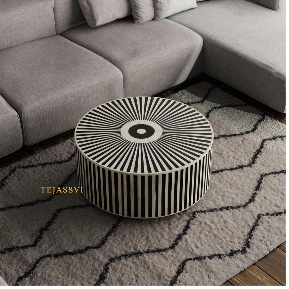 Bone Inlay Round Coffee Table / Bone Centre Table / Bone Inlay Floral Round Coffee Table / Handmade Bone Inlay Modern Pattern Furniture.