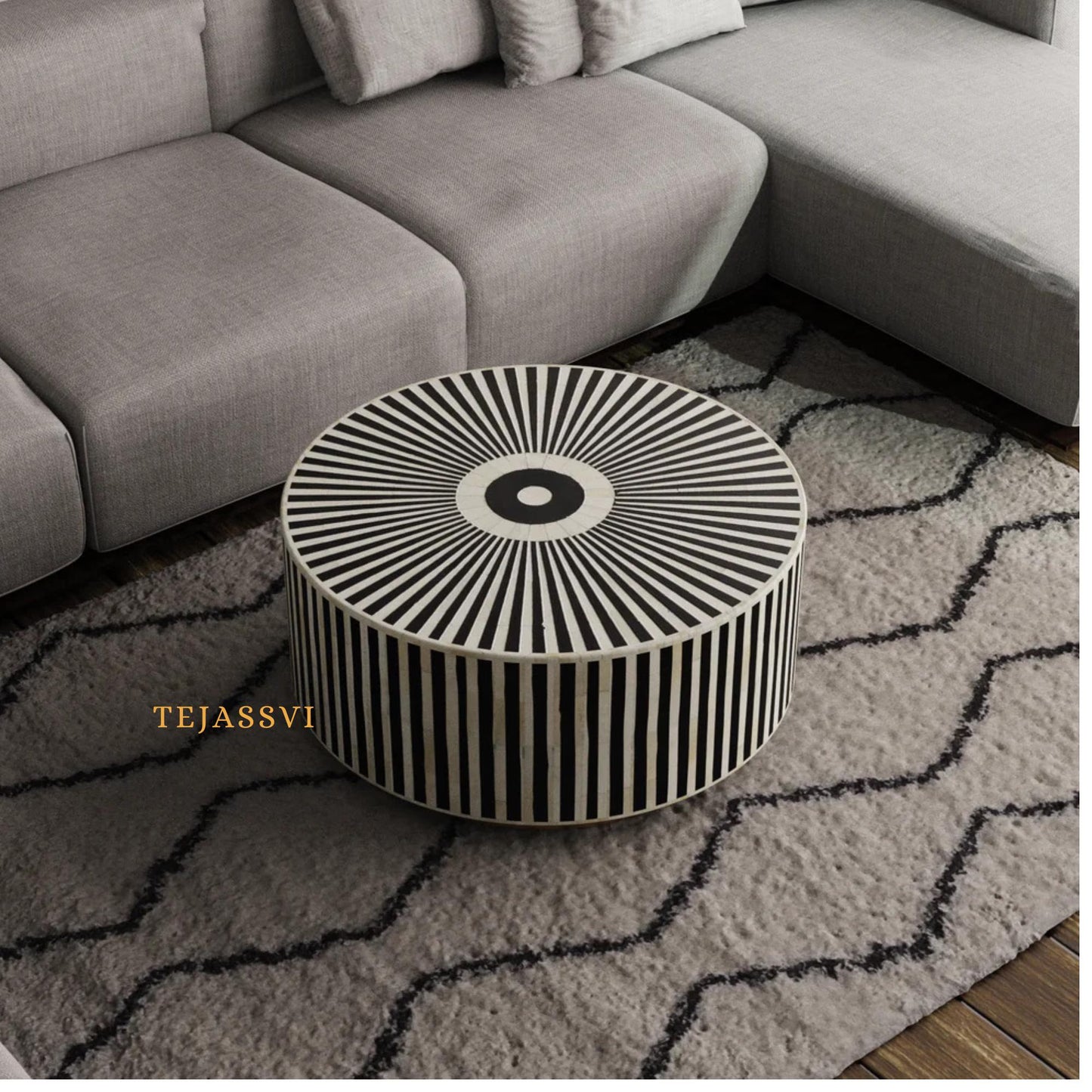 BONE Inlay Round Coffee Table / Centre Table, Bone Inlay Floral Round Coffee Table Handmade Bone Inlay Modern Pattern Furniture.