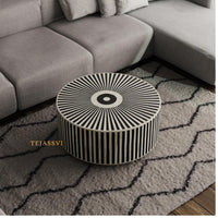 Bone Inlay Round Coffee Table / Bone Centre Table / Bone Inlay Floral Round Coffee Table / Handmade Bone Inlay Modern Pattern Furniture.