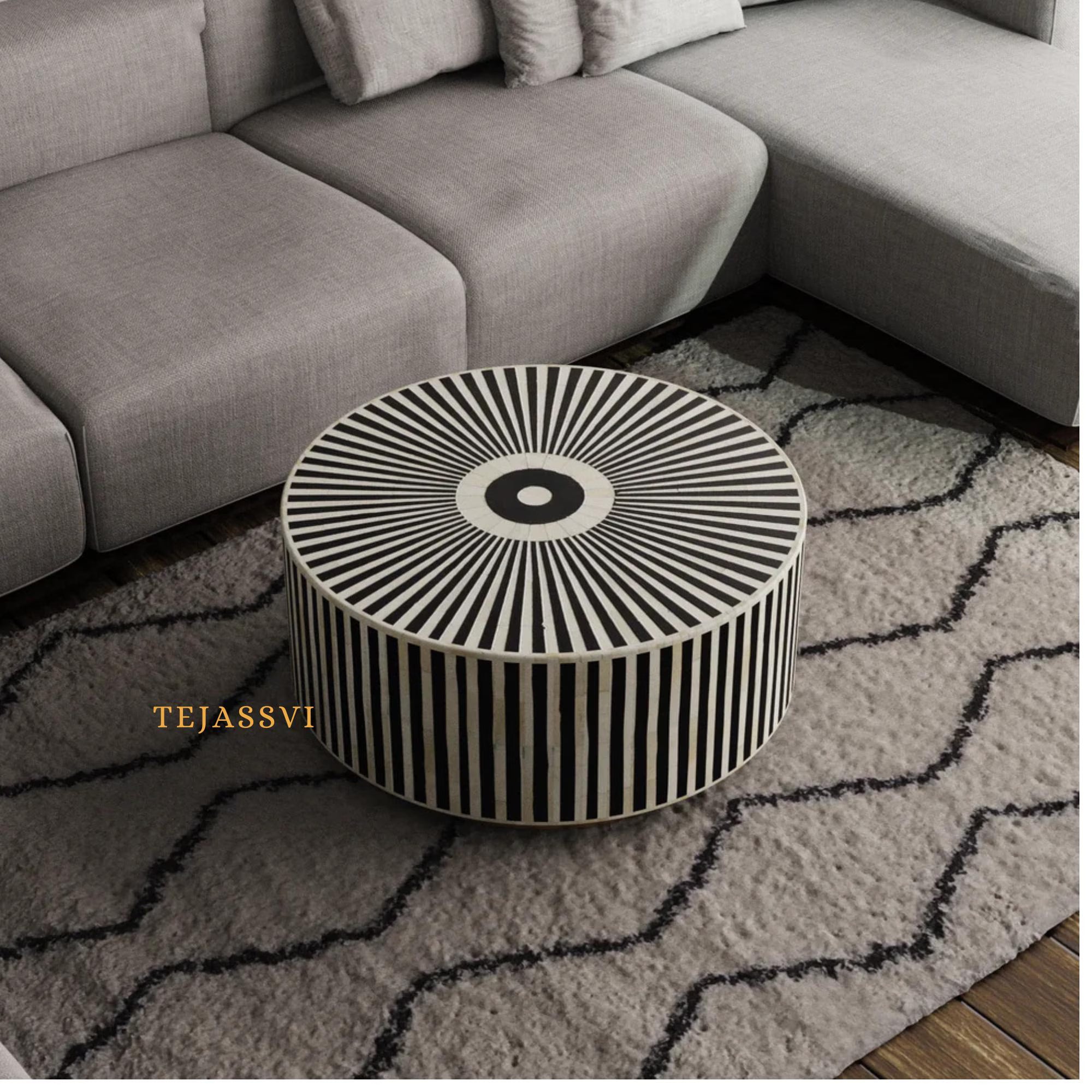 Bone Inlay Round Coffee Table / Bone Centre Table / Bone Inlay Floral Round Coffee Table / Handmade Bone Inlay Modern Pattern Furniture.