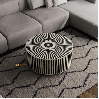 BONE Inlay Round Coffee Table / Centre Table, Bone Inlay Floral Round Coffee Table Handmade Bone Inlay Modern Pattern Furniture.