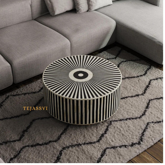 BONE Inlay Round Coffee Table / Centre Table, Bone Inlay Floral Round Coffee Table Handmade Bone Inlay Modern Pattern Furniture.
