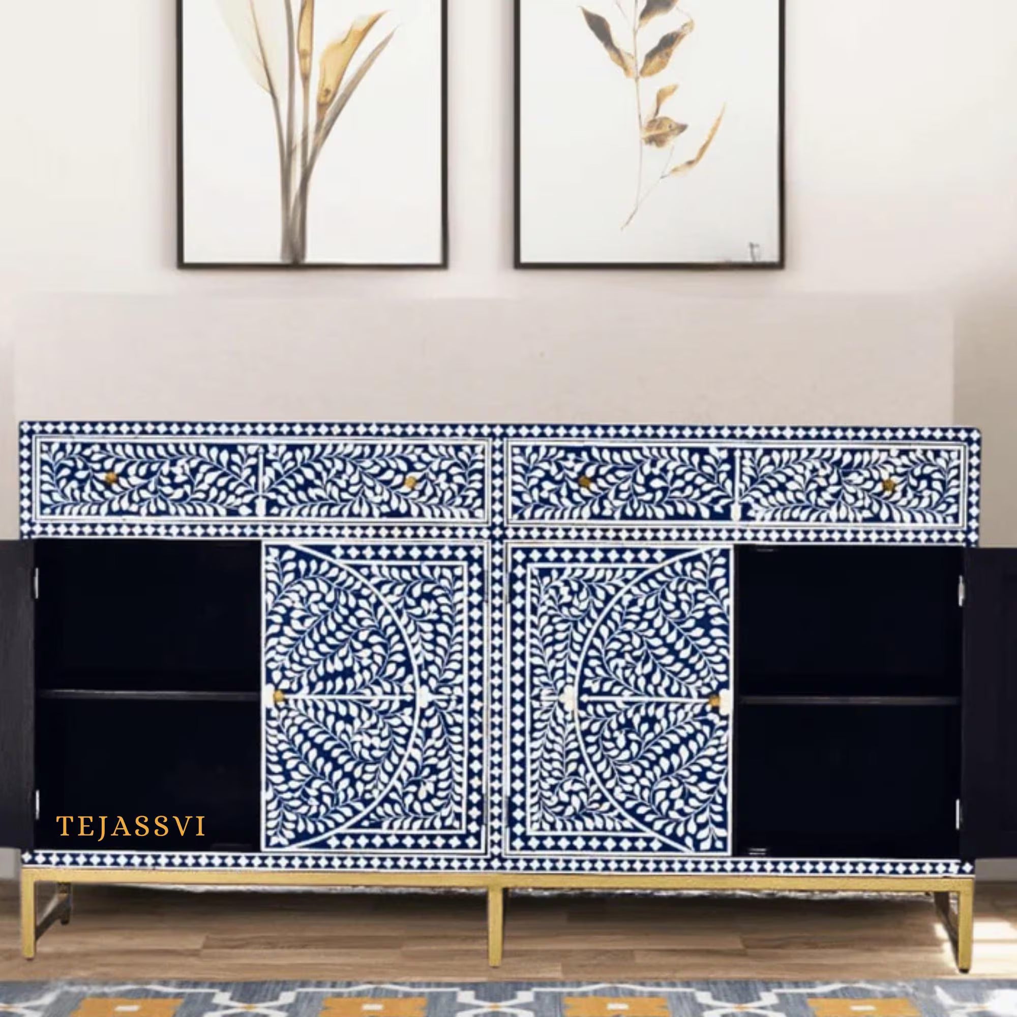 Bone Inlay Furniture - Bone inlay Sideboard With Brass Leg / Bone Inlay Chest of Drawers / Bone Inlay Drawers Dresser / Bone Inlay Console.