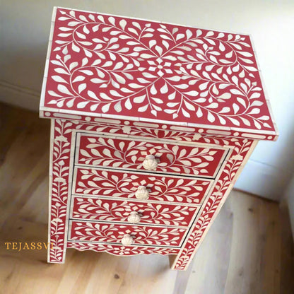 Bone Inlay 4-Drawer Nightstand in pink Color | Handmade Bone Inlay Lamp Side Table /Bedside table /Chest of 4-Drawer Bone Inlay furniture..