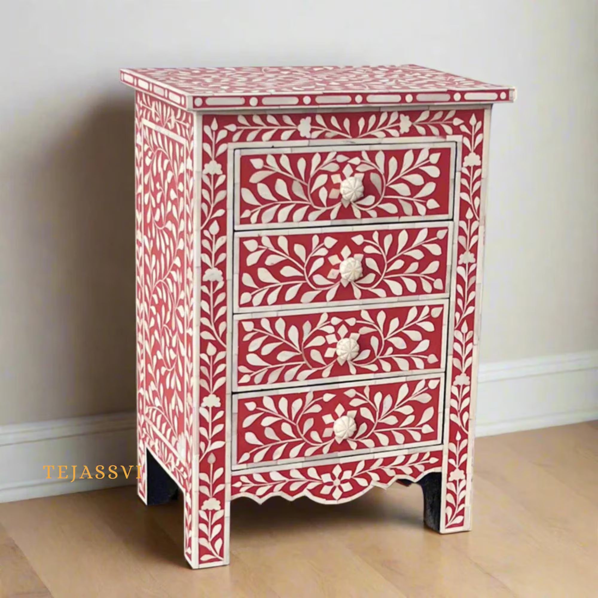 Bone Inlay 4-Drawer Nightstand in Pink Color | Handmade Bone Inlay Lamp Side Table | Bone Inlay Bedside Table Chest of 4-Drawer | Bone Inlay furniture.