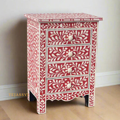 Bone Inlay 4-Drawer Nightstand in pink Color | Handmade Bone Inlay Lamp Side Table /Bedside table /Chest of 4-Drawer Bone Inlay furniture..