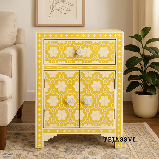 Wooden Bone Inlay Bedside Modern Floral Pattern Bedside/Side table/Nightstand with 1 Drawer and 2 Door Furniture/Cupboards/MOP Bedsidetable.