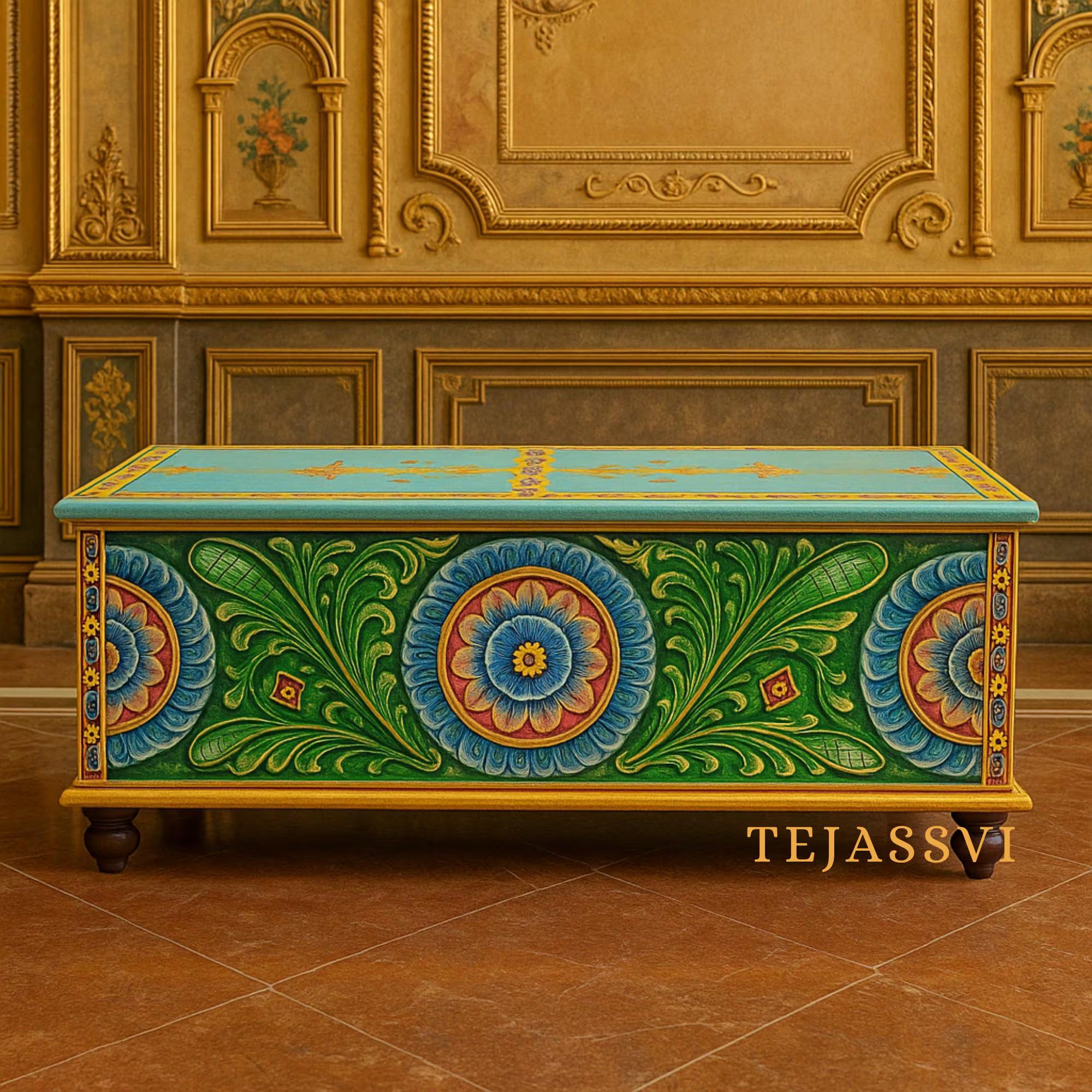 Wooden Hand Carved Hand Painted Colorful Storage Trunk Table / Blanket Storage Unit / Bed Side Table /  Carved Bench / Wooden Center Table.