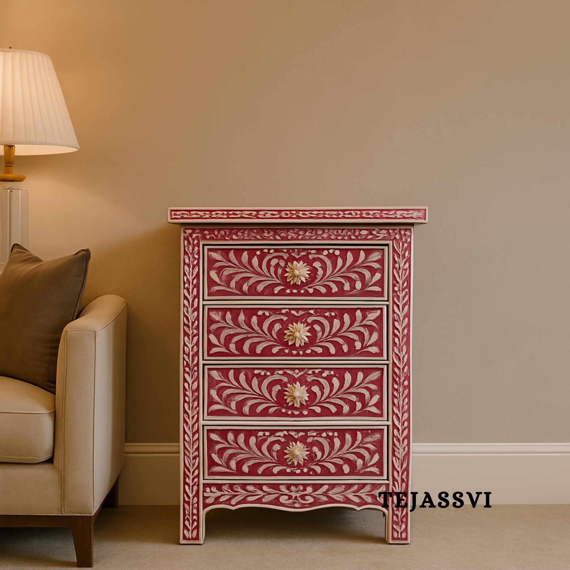 Bone Inlay 4-Drawer Nightstand in Pink Color | Handmade Bone Inlay Lamp Side Table | Bone Inlay Bedside Table Chest of 4-Drawer | Bone Inlay furniture.