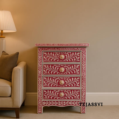 Bone Inlay 4-Drawer Nightstand in pink Color | Handmade Bone Inlay Lamp Side Table /Bedside table /Chest of 4-Drawer Bone Inlay furniture..