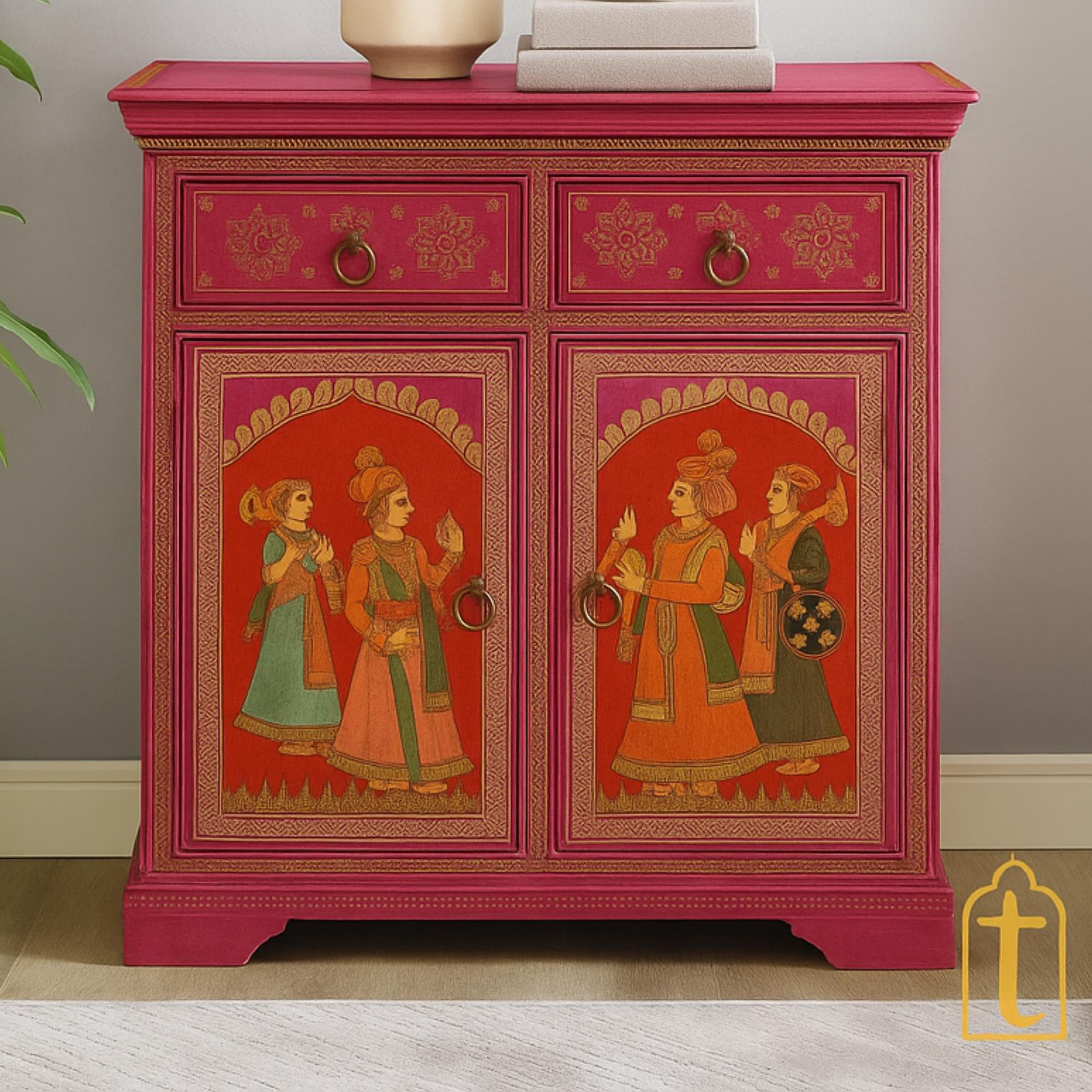 Indian Artistry Hand Painted Beautiful King Queen Designed Wooden Cabinet For Home Décor / Side Cabinet / Living Room Décor Cabinet / Wooden Furniture.