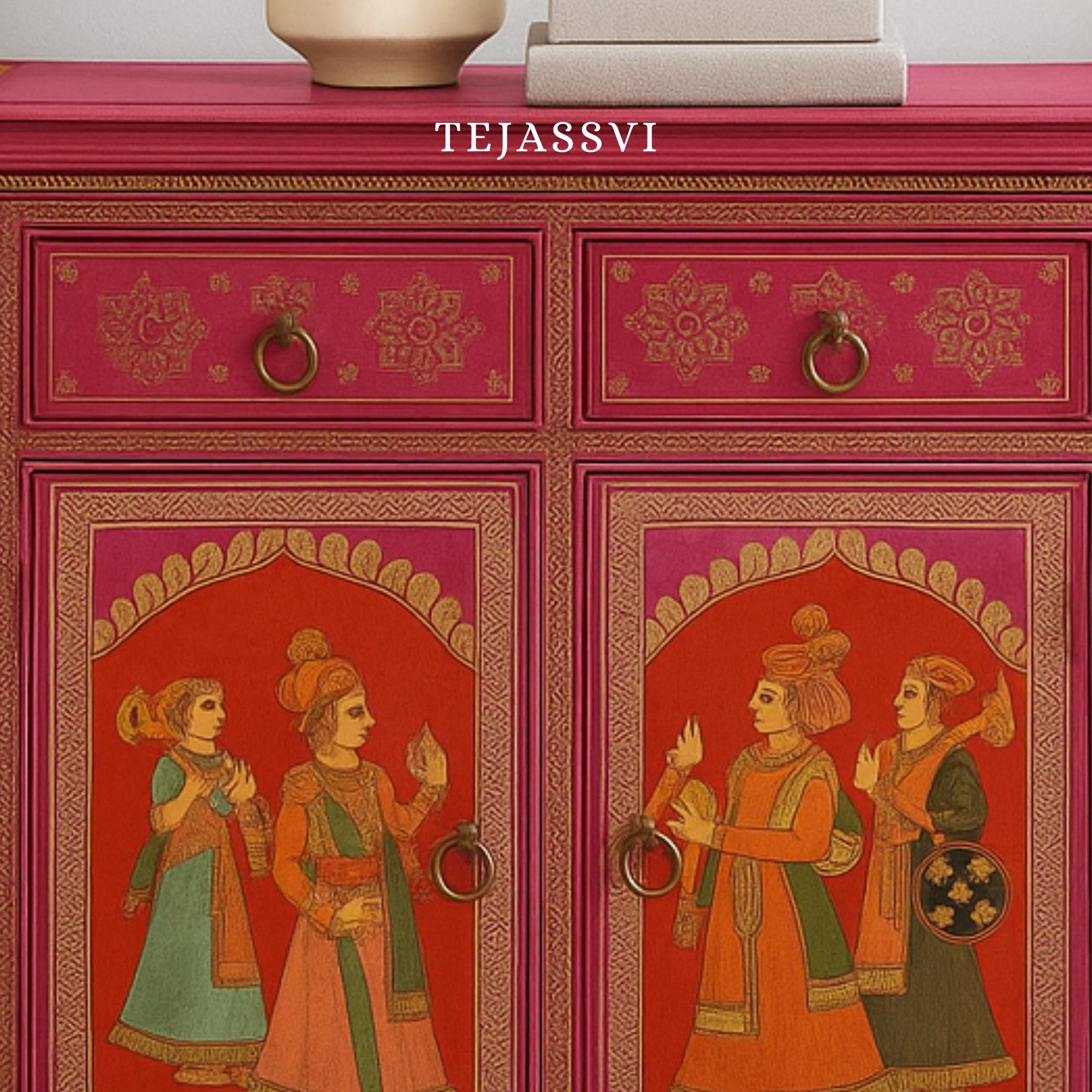 Indian Artistry Hand Painted Beautiful King Queen Designed Wooden Cabinet For Home Décor / Side Cabinet / Living Room Décor Cabinet / Wooden Furniture.