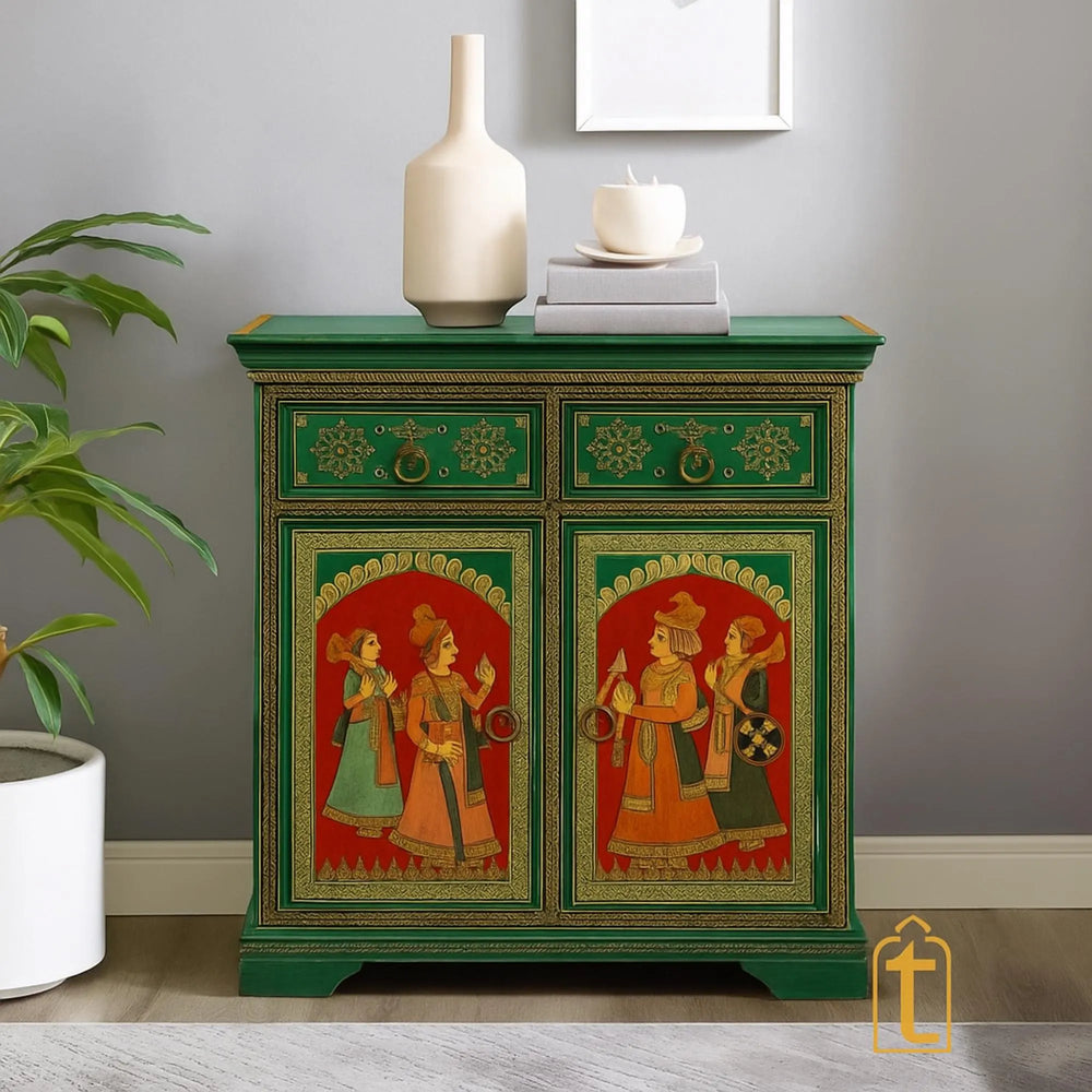 Indian Artistry Hand Painted Beautiful King Queen Designed Wooden Cabinet For Home Décor / Side Cabinet / Living Room Décor Cabinet / Wooden Furniture.