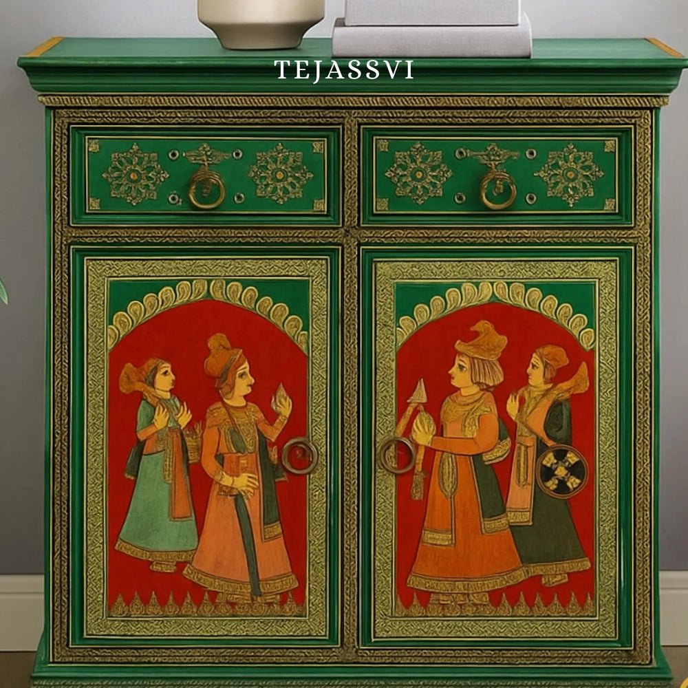 Indian Artistry Hand Painted Beautiful King Queen Designed Wooden Cabinet For Home Décor / Side Cabinet / Living Room Décor Cabinet / Wooden Furniture.