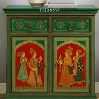 Indian Artistry Hand Painted Beautiful King Queen Designed Wooden Cabinet For Home Décor / Side Cabinet / Living Room Décor Cabinet / Wooden Furniture.