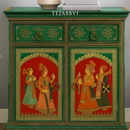 Indian artistry hand painted Beautiful King Queen designed wooden Cabinet For Home Décor/Side Cabinet/Living Room Decor Cabinet/Furniture.