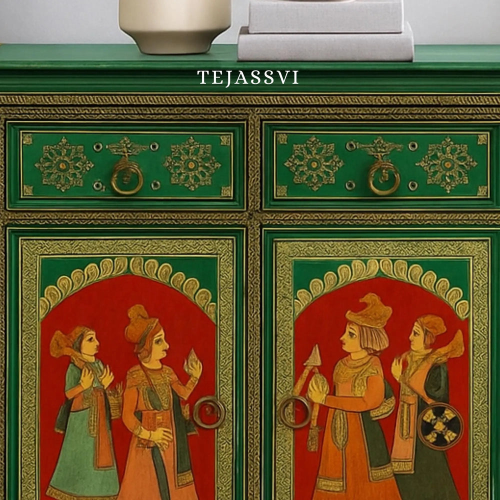 Indian Artistry Hand Painted Beautiful King Queen Designed Wooden Cabinet For Home Décor / Side Cabinet / Living Room Décor Cabinet / Wooden Furniture.