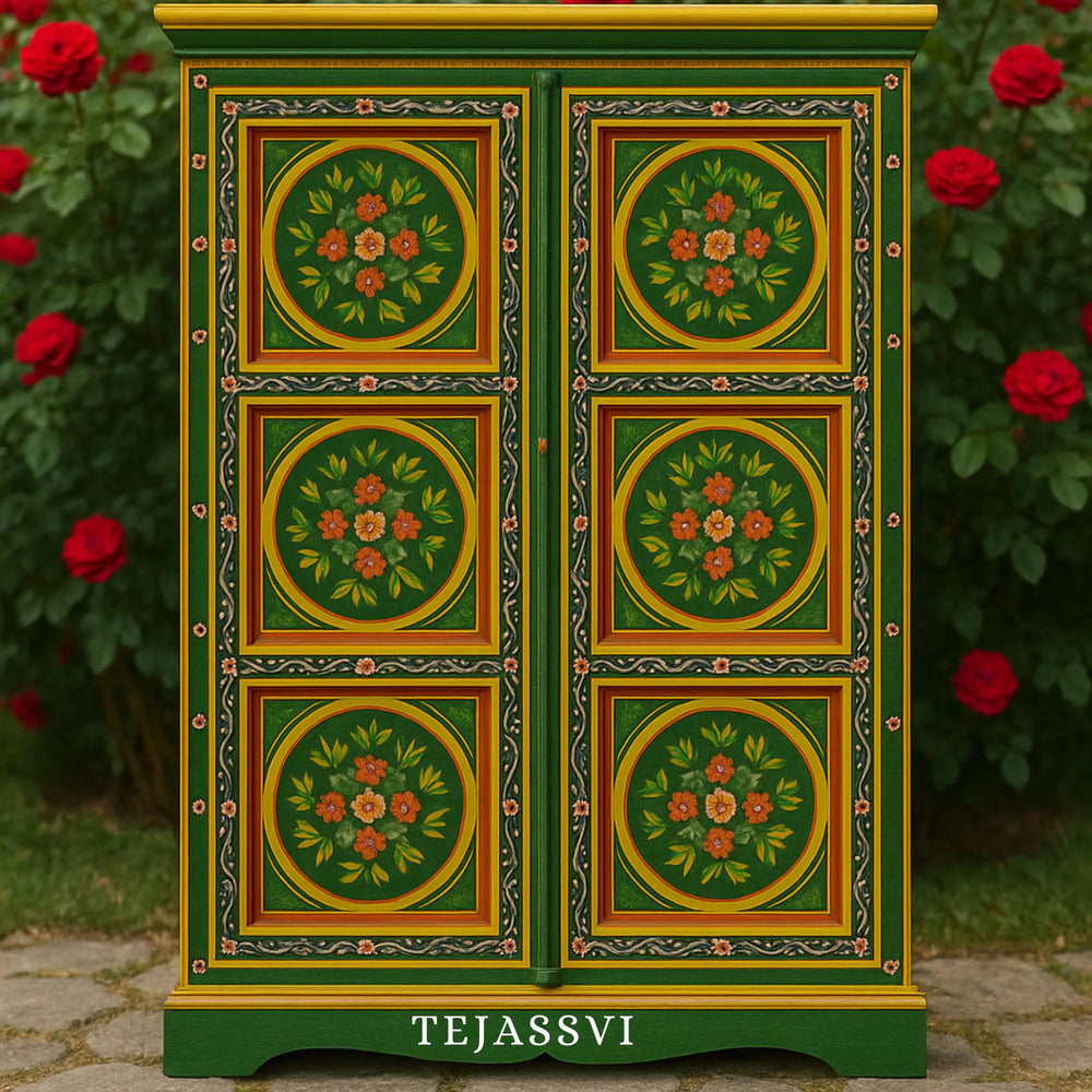 Wooden Indian Floral Designed Side Storage / Wooden Cabinet / Hand Painted Wooden Big Cabinet For Living Room Furniture .