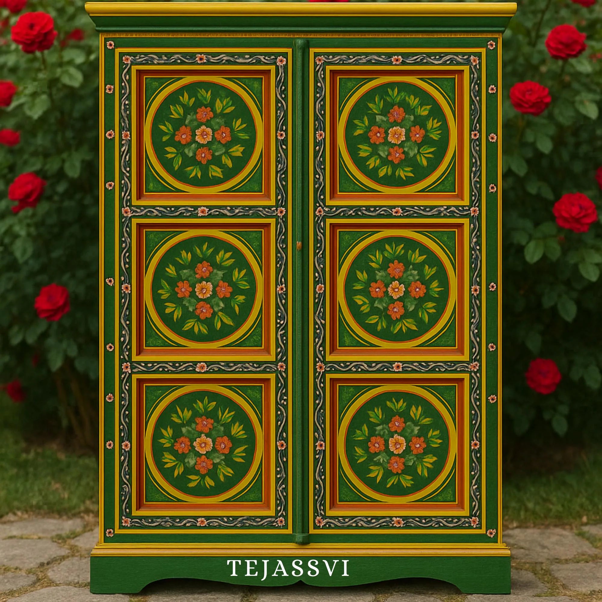 Wooden Indian Floral Designed Side Storage / Wooden Cabinet / Hand Painted Wooden Big Cabinet For Living Room Furniture .