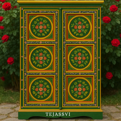 wooden Indian Floral designed Side Storage / Cabinet | Bedside, Side Table, Hand Painted, Wooden Big Cabinet, Living Room Furniture, Fine Panting.