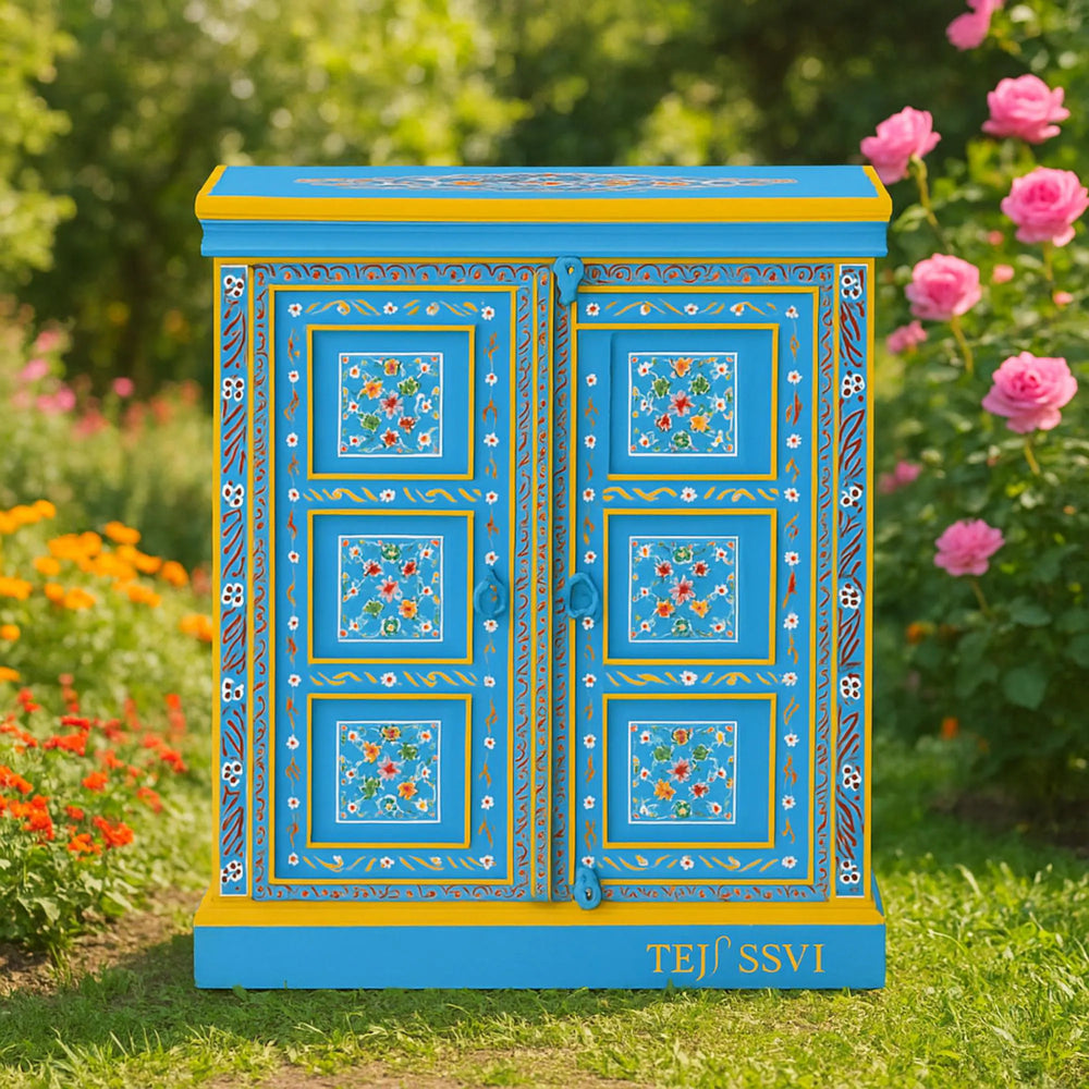 Indian Floral Designed Side Storage / Big Cabinet / Hand Painted Furniture / Wooden Big Cabinet / Living Room Furniture.