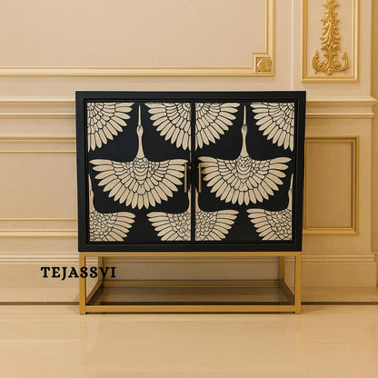 Bone Inlay Swan Cabinet: Navy Blue Indian Art Sideboard/ bone inlay side boards / bone inlay cabinet and console luxury furniture .