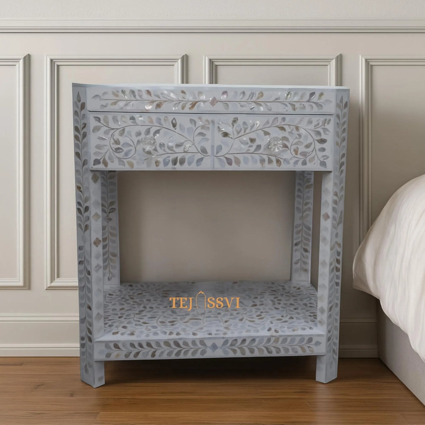 Mother of Pearl Inlay Floral 1 Drawer 1 Shelf Bedside , Bone Inlay Wooden Floral Bedside /Side table /Nightstand 1 Drawer