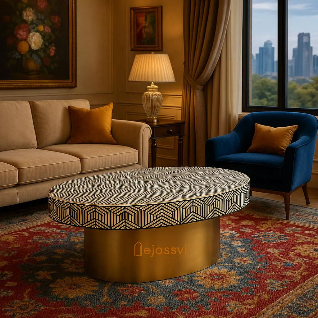 Wooden Oval Shape Coffee Table, BONE INLAY TABLE, Oval Shape Coffee Table, Strip Design Centre Table, Bone Inlay Furniture Cocktail Table...
