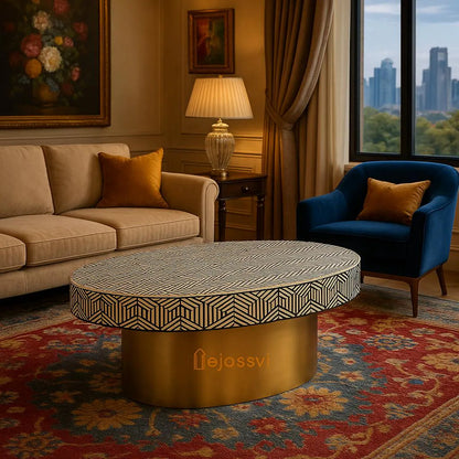 Wooden Oval Shape Coffee Table, BONE INLAY TABLE, Oval Shape Coffee Table, Strip Design Centre Table, Bone Inlay Furniture Cocktail Table...