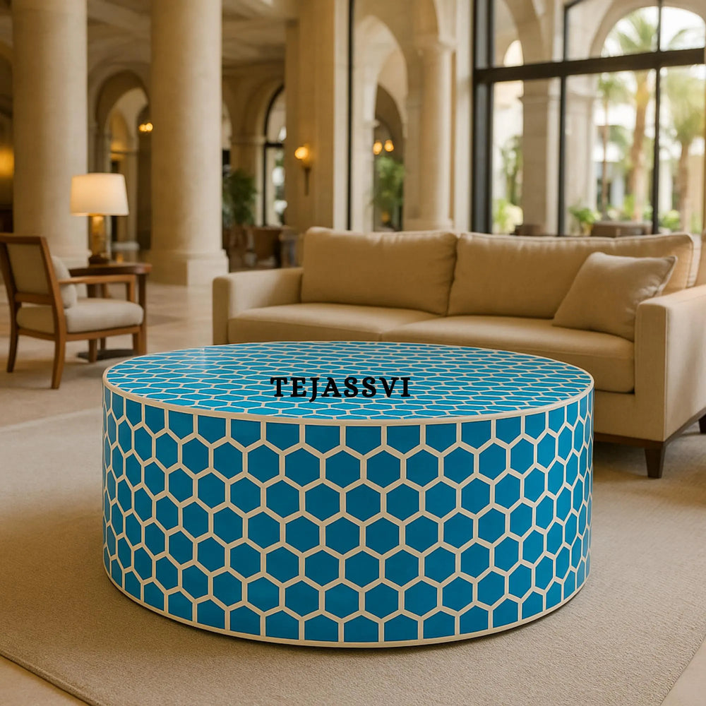 Bone Inlay Round Coffee Table / Round Centre Table / Bone Inlay Round Coffee Table / Handmade Bone Inlay Modern Pattern Furniture Cocktail Table.