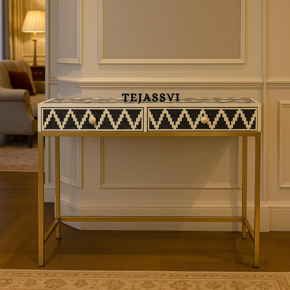 Handmade Bone inlay Console Table / 2 Drawer Study Table | Hall-Way Entry Table | Wooden Bone Inlay 2 Drawer Side Table With Metal Legs.