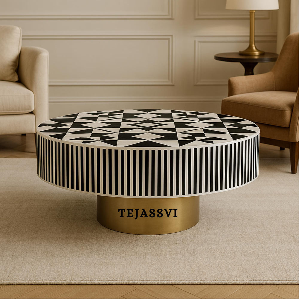 Bone Inlay Round Coffee Table / Round Centre Table / Bone Inlay Round Coffee Table / Handmade Bone Inlay Modern Pattern Furniture Cocktail Table.