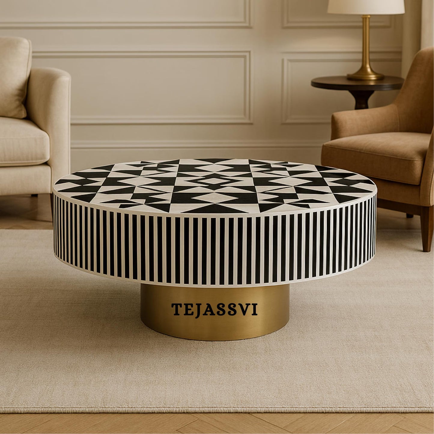 BONE Inlay Round Coffee Table / Centre Table, Bone Inlay Unique black Round Coffee Table Handmade Bone Inlay Modern Pattern Furniture