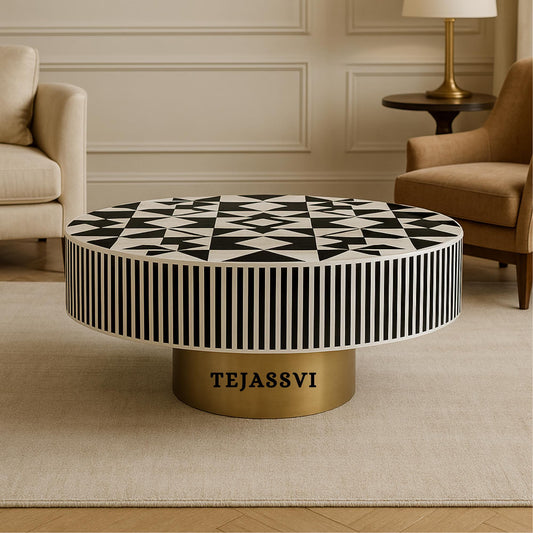 BONE Inlay Round Coffee Table / Centre Table, Bone Inlay Unique black Round Coffee Table Handmade Bone Inlay Modern Pattern Furniture