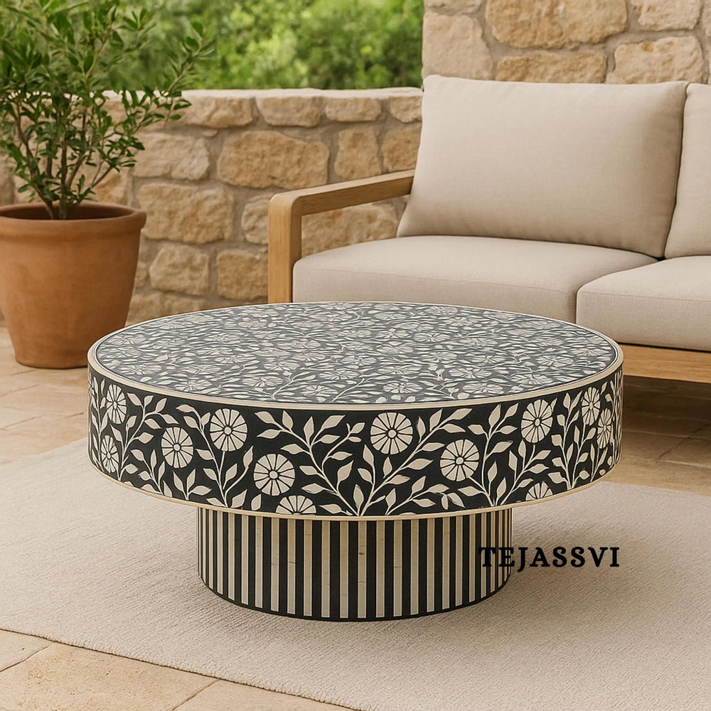 Wooden Round Floral Pattern Centre Table / Handmade Bone Inlay Coffee Table / Round Center Table / Round Coffee Table / Bone Inlay Cocktail Table.