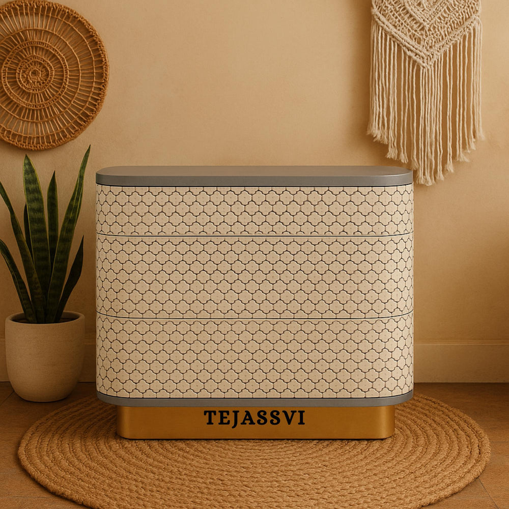 Bone Inlay Semi Round Geometric Pattern Design Bedside Table /Bone Inlay Night Table / Bone Inlay Side Table / Bone Inlay Chest of Drawers For Bedroom.