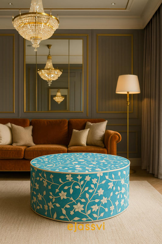 BONE Inlay Round Coffee Table/Centre Table,/Bone Inlay Floral Round Coffee Table Handmade Bone Inlay Modern Pattern Furniture Cocktail Table