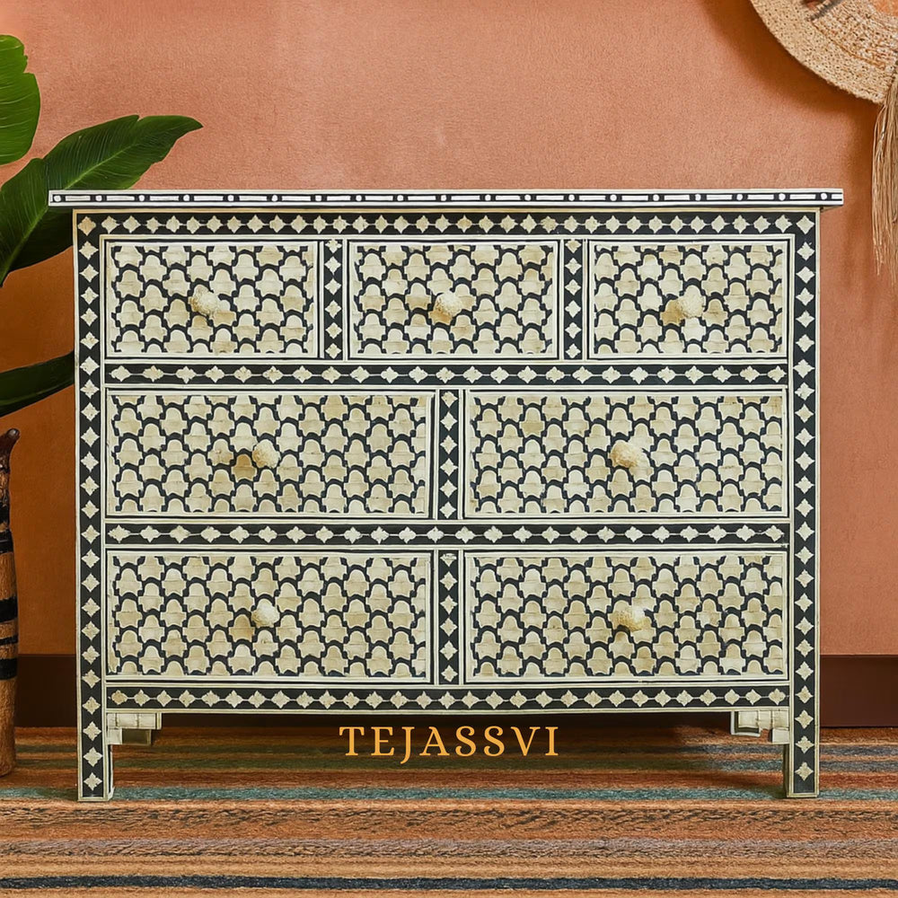 Handmade Bone Inlay Dresser / 7 Chest of Drawer Honeycomb Design Sideboards / Bone inlay Sideboard Honeycomb black / Inlay Furniture Sideboard Unit.