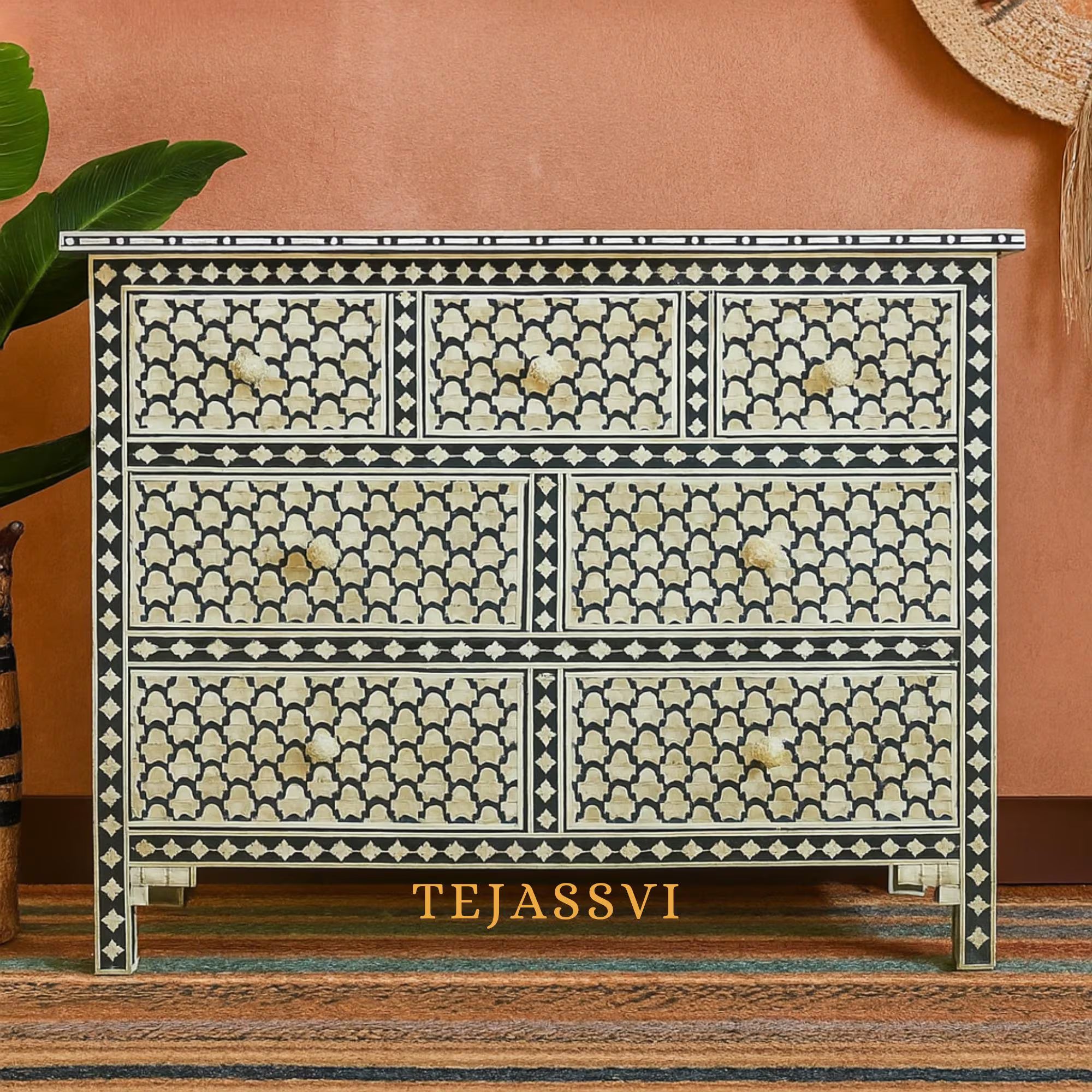 Handmade Bone Inlay Dresser / 7 Chest of Drawer Honeycomb Design Sideboards / Bone inlay Sideboard Honeycomb black / Inlay Furniture Sideboard Unit.