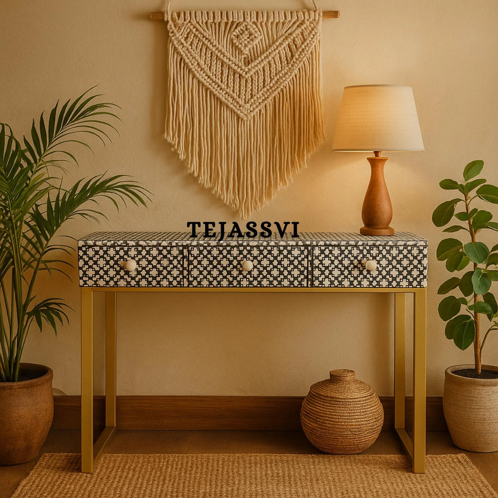 Handmade Bone Inlay Wooden Modern Console Table Furniture with 3 Drawer With Metal Legs.