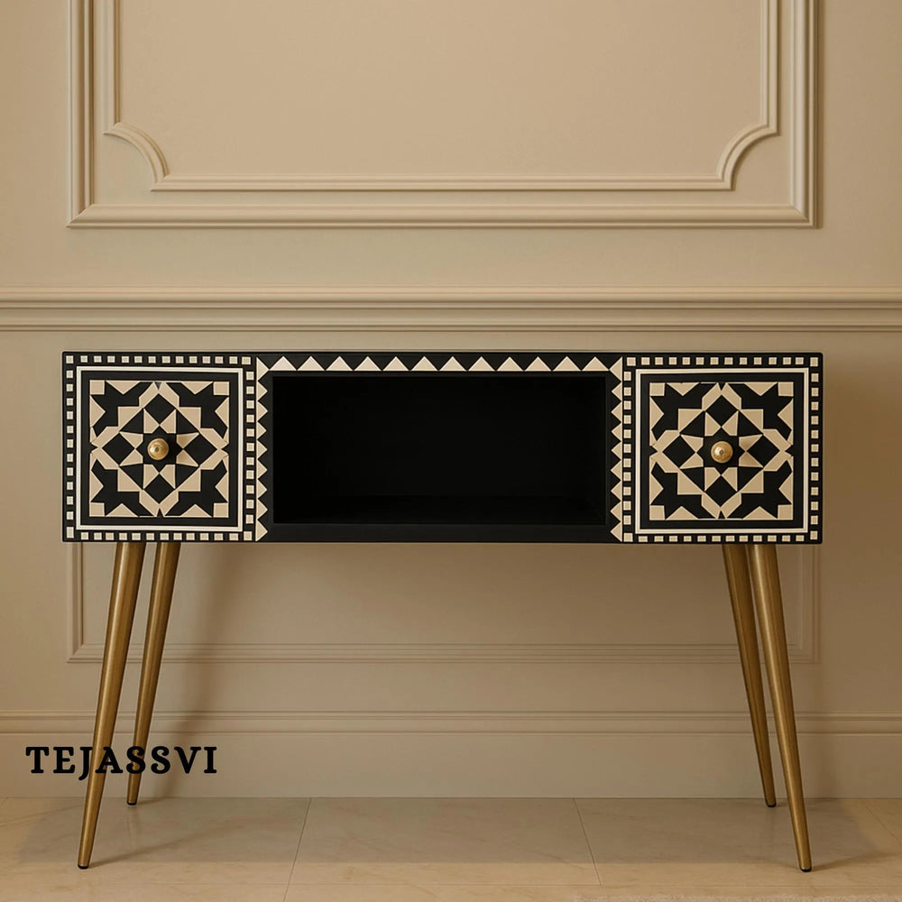 Handmade Bone Inlay Wooden Modern Console Table / Bone Inlay Desk With 2 Drawer Furniture With Metal Legs / Wooden Side Table / Luxury Table.