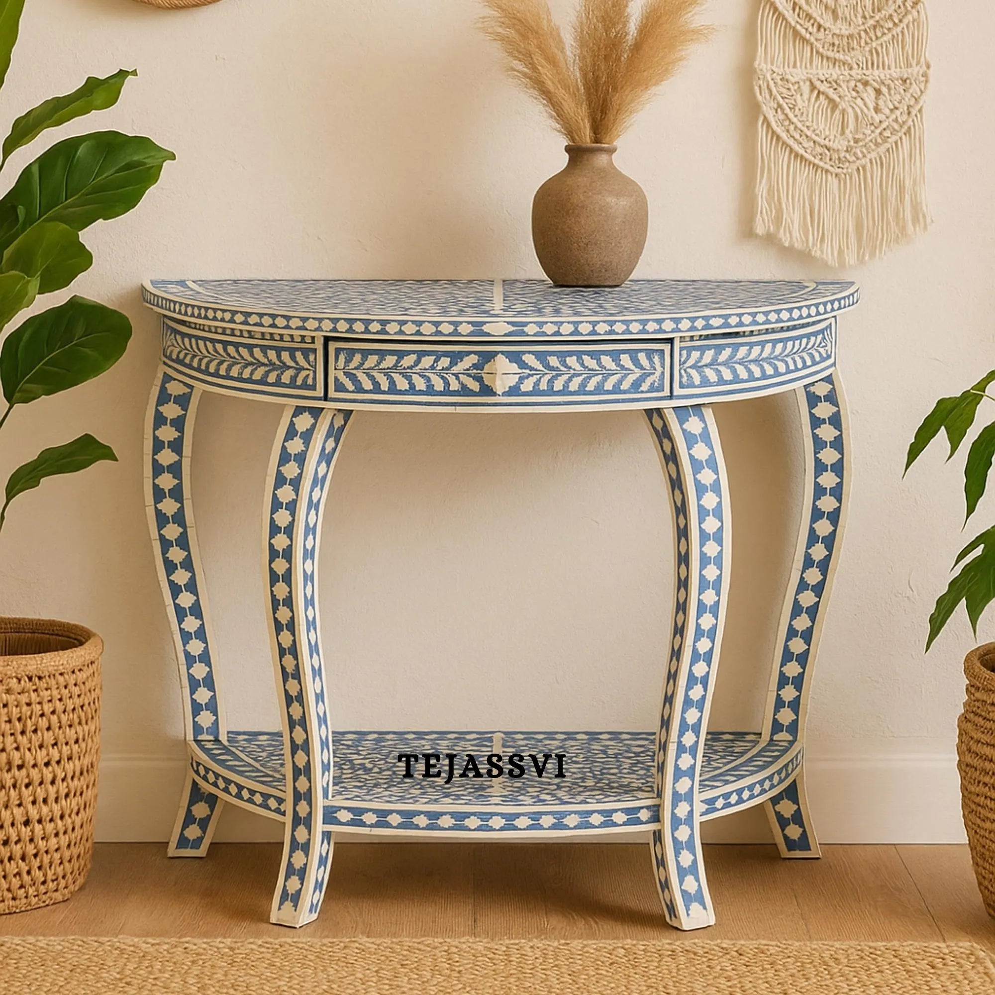 Handmade Bone Inlay Bedside Table, Bone Inlay Table, Semi-Round Coffee Table, Floral design bedside Table, Bone Inlay Cocktail Table