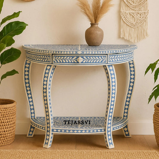 Handmade Bone Inlay Console Table, BONE INLAY TABLE, Semi-Round Coffee Table, Floral design bedside Table, Bone Inlay Cocktail Table