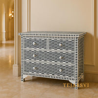 Handmade Bone Inlay Stripe Black & White Bedside Table | Bone Inlay Nightstand / Bone Inlay Side Table / Bone Inlay 4 chest of Drawers/Dresser.