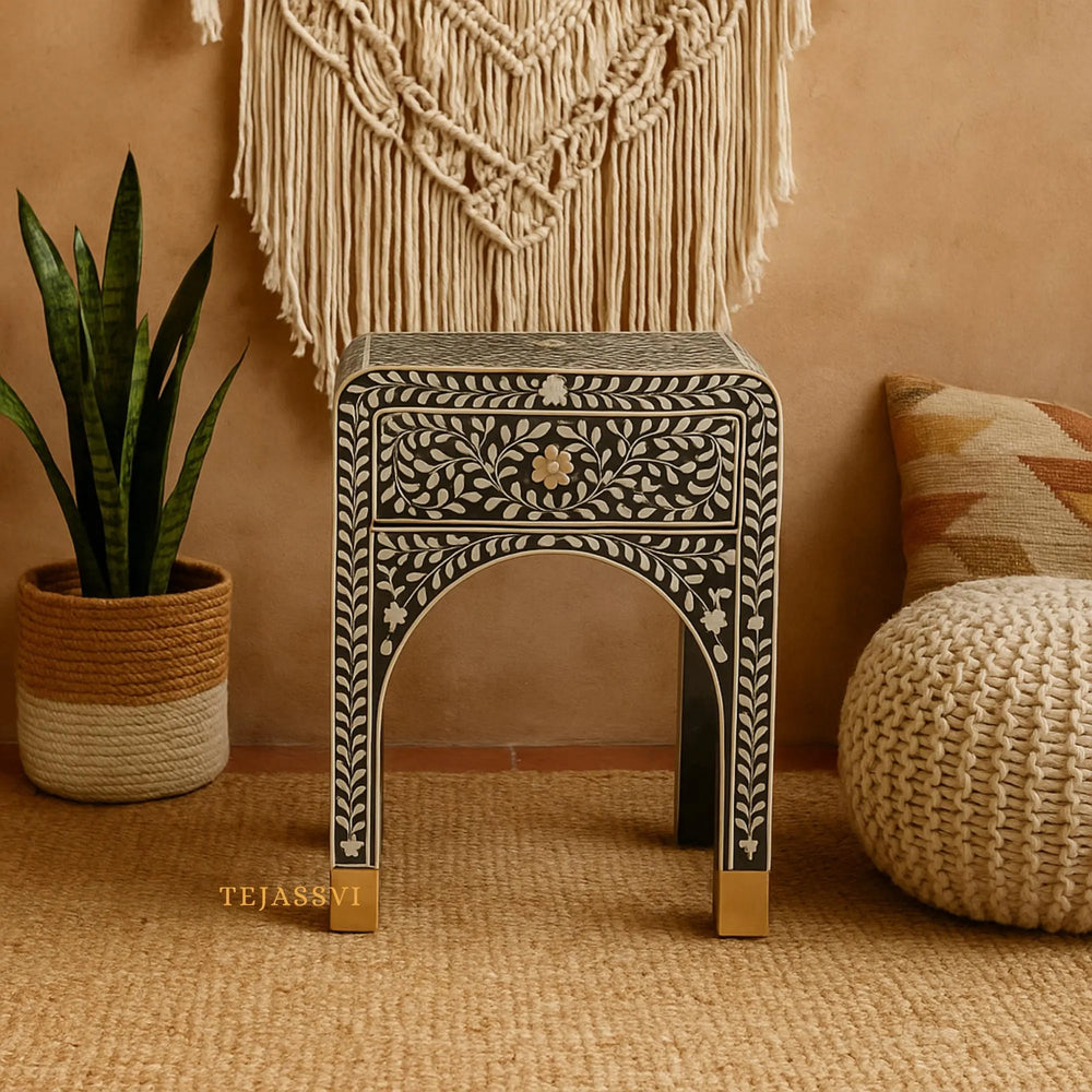 Bone Inlay Curved Bedside Floral Table, Bedside, Bone Inlay Bedside Wooden Modern Floral Bedside /Side table / 1 Drawer Bone Inlay Nightstand.