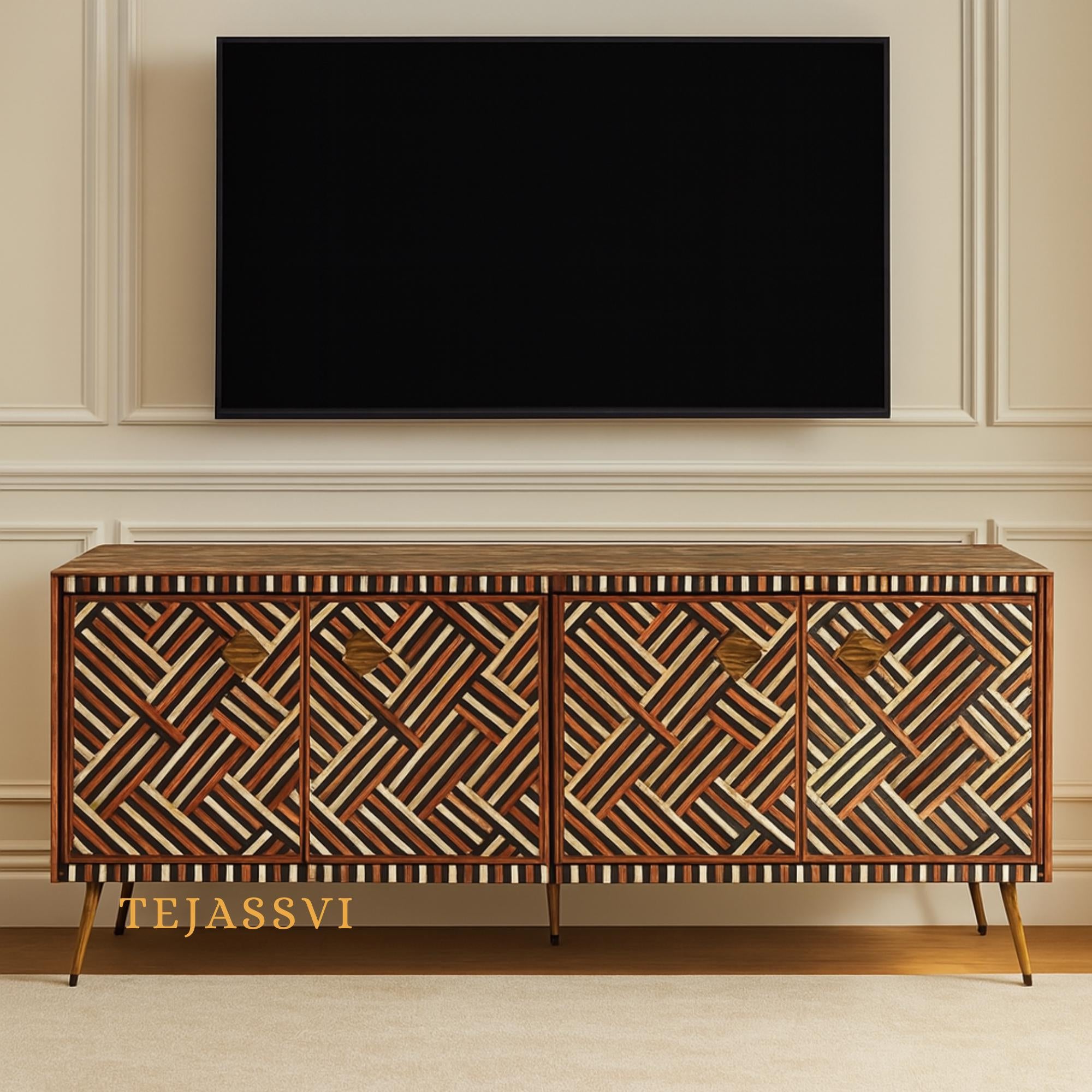 Bone Inlay Console / Bone Inlay Chest of Drawers / Bone Inlay Storage Unit / Bone Inlay Rani Sideboard With Brass Base / Media Console / Wood Media Cabinet.