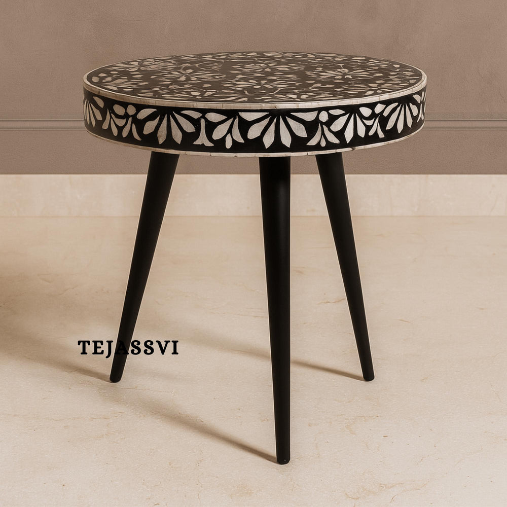 Handmade Bone Inlay Floral Pattern Side Table / Bone Inlay Accent Stool / Antique Wood / Bone Inlay Side Table / Bone Inlay Furniture.