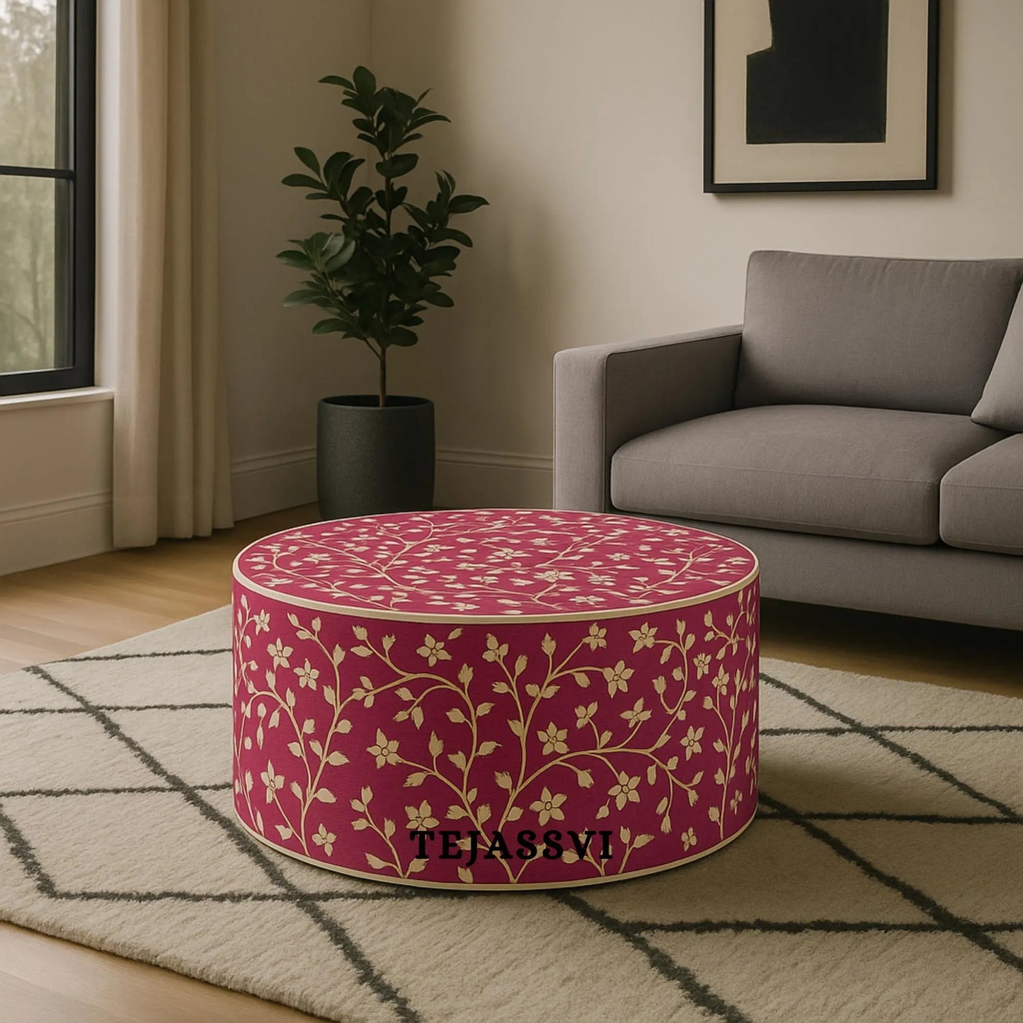 BONE Inlay Round Coffee Table / Centre Table, Bone Inlay Floral Round Coffee Table Handmade Bone Inlay Modern Pattern Furniture